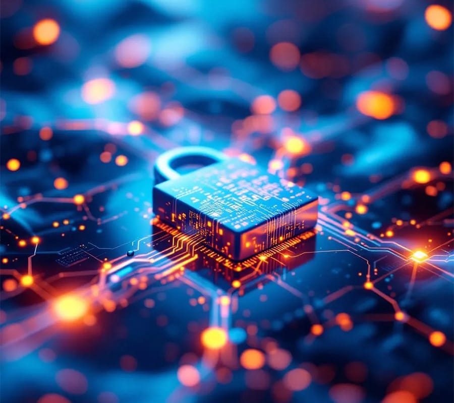 security padlock with circuitry coming out of it depicting cyber security