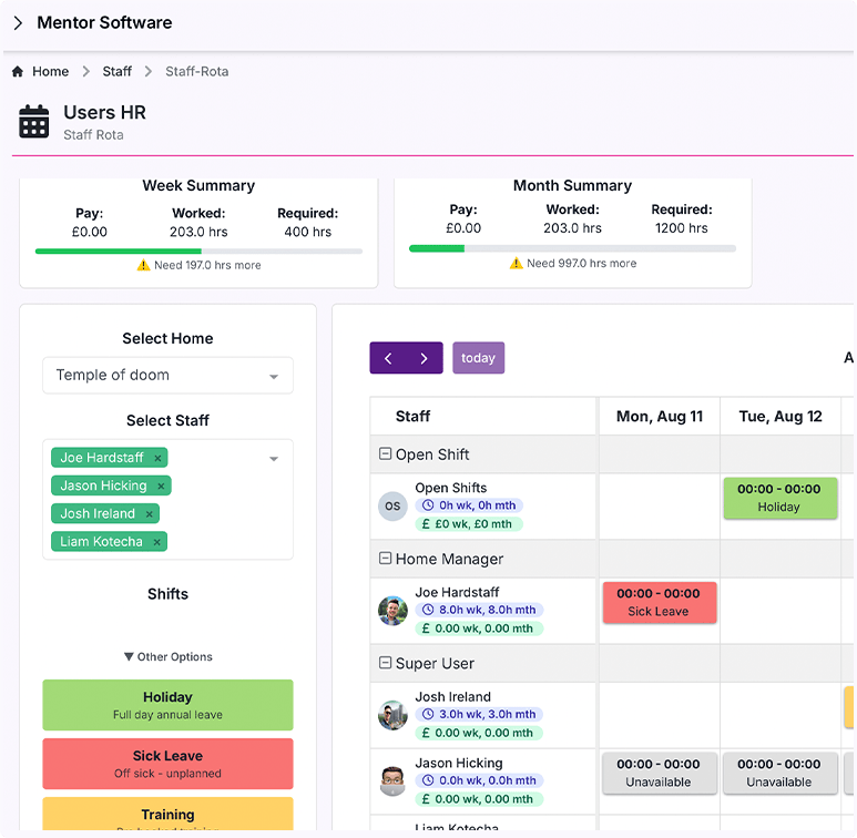 Staff Rota Drag & Drop image showing Mentor's drag and drop feature