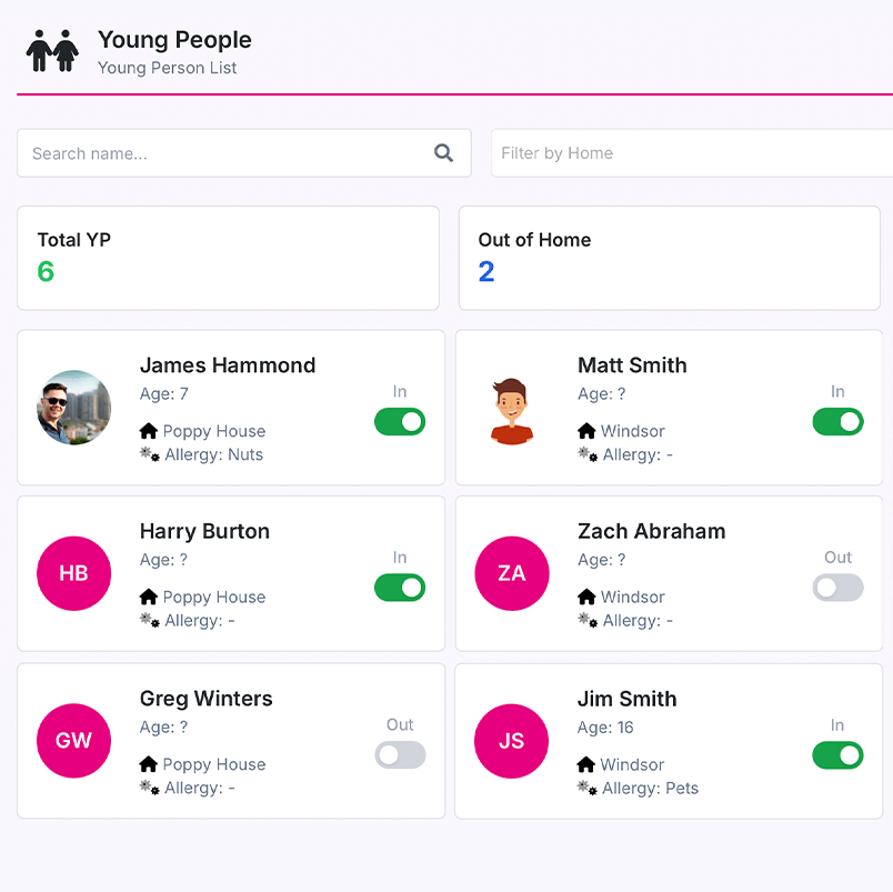 Young person list image showing how young people are listed inside Mentor Software